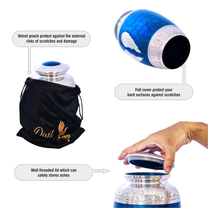 Divit Shilp Cremation Urn for Human Ashes with Satin Bag, for Adults up to 200 lbs | Large Handcrafted Funeral Urns (Blue Angel Wings, Adult) - Image 3